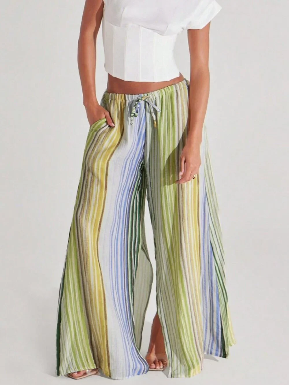 Multicolor Casual Women's Loose Wide Leg Striped Pants